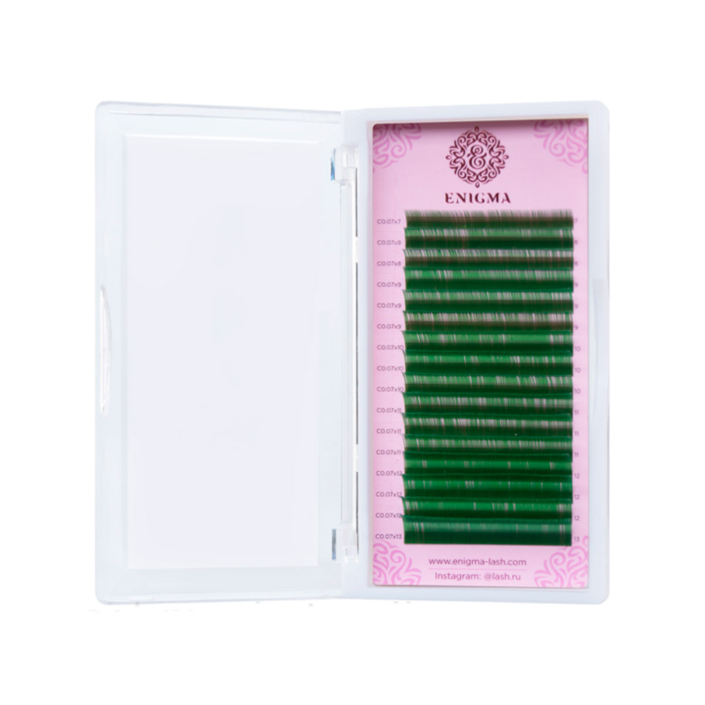 Зеленые ресницы Enigma, микс, 16 линий, изгиб L, толщина 0.07, длина микс от 6 мм до 13 мм в Уфе